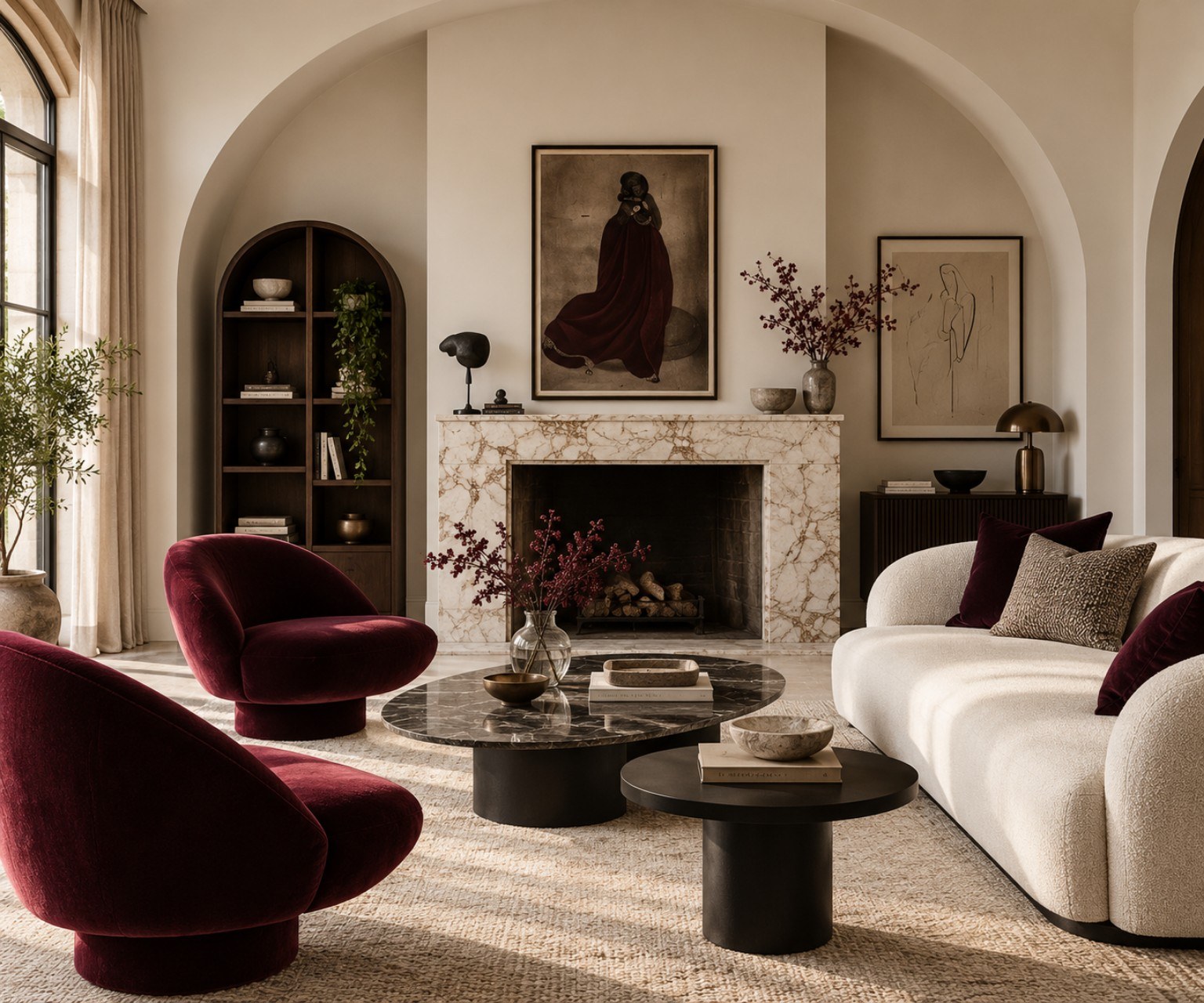 Cream sculptural sofa and burgundy chairs around a marble fireplace in an arched living room