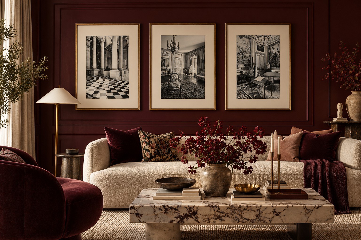 Oxblood panelling, monochrome art, layered ivory seating and a marble table illustrating colour, texture and visual composition