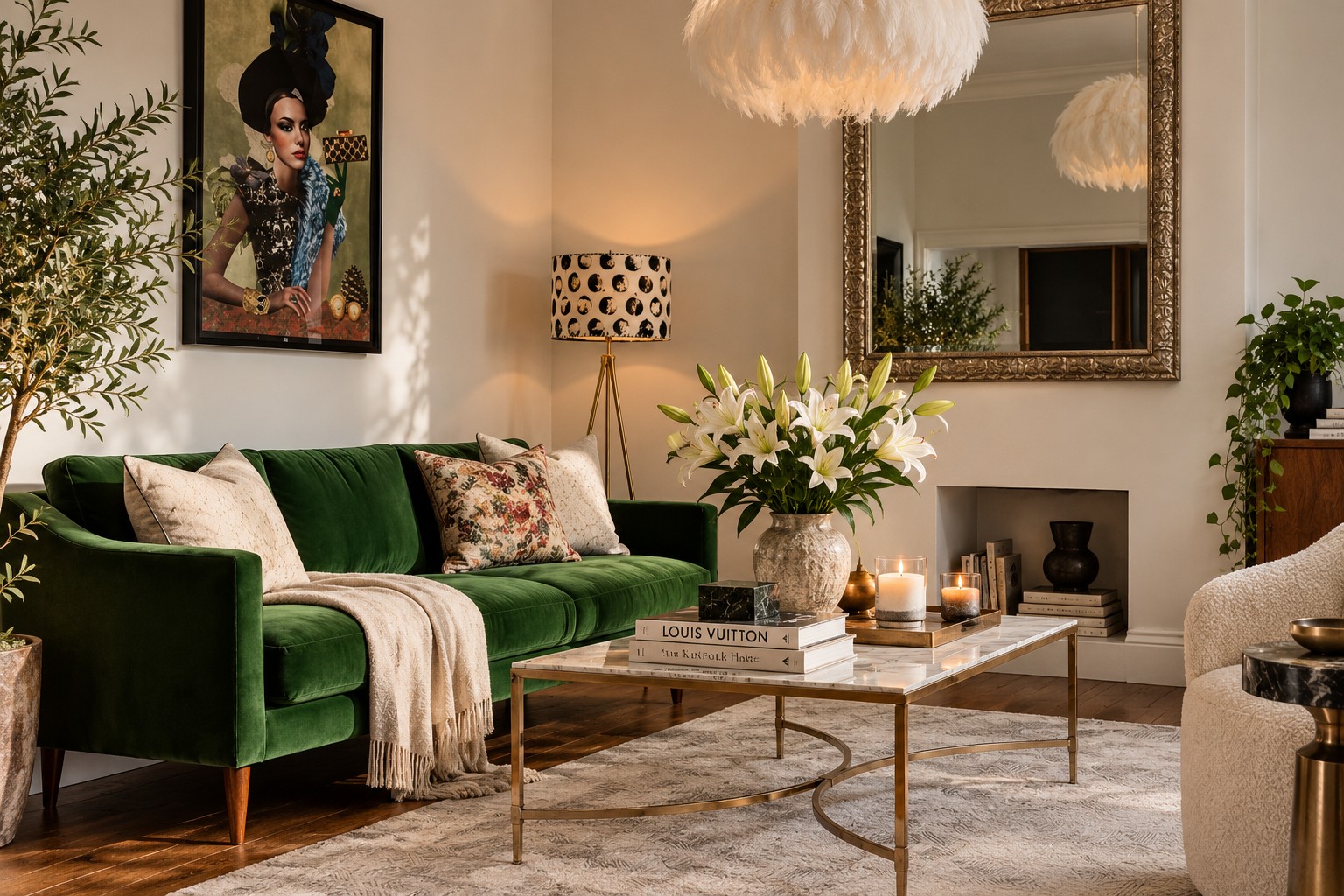 Green velvet sofa with layered cushions, lilies, a feather pendant and a gilded mirror in a warmly styled living room