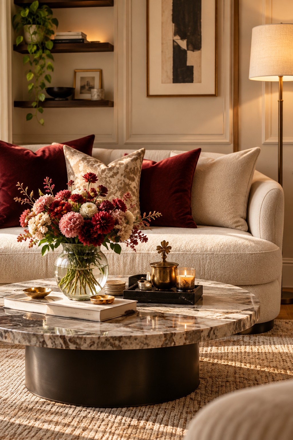 Cream sofa with burgundy velvet cushions, flowers and a styled marble coffee table in warm light